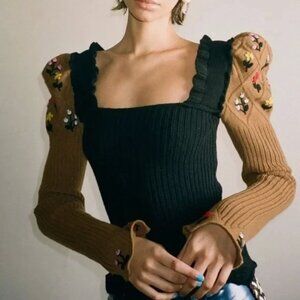 CORMIO     Oma Sweater Sz Large Brown Black Cashmere Merino Wool Embroidered